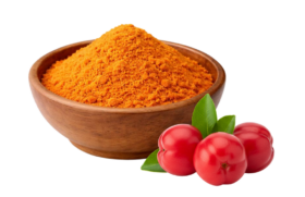 Acerola cherry powder in a wooden bowl with fresh acerola berries.