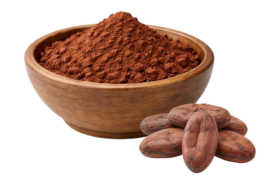 Cocoa powder in wooden bowl with cocoa beans on a black background.